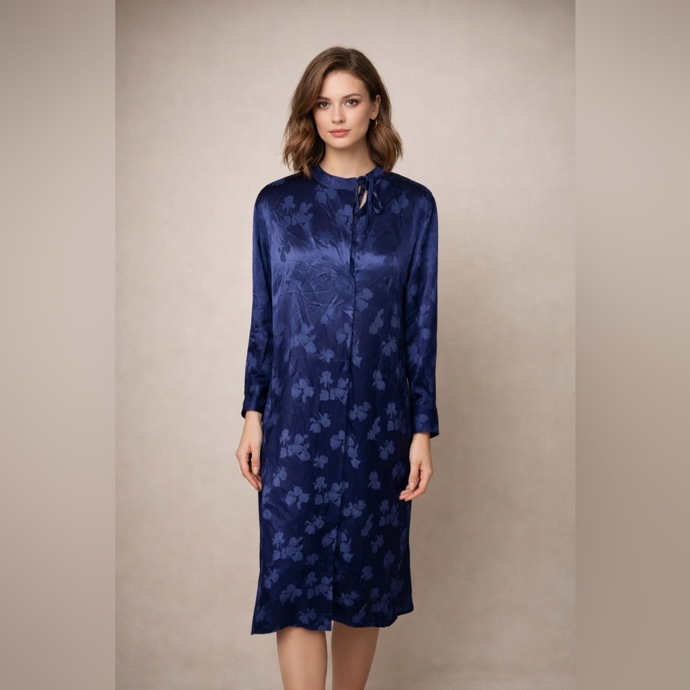 Vince Marine Blue Tulip Jacquard Long Sleeve Midi‎ Dress XS